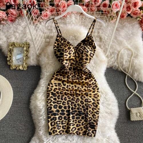 Gagaok Woman Dress 2021 Summer New V-Neck Spaghetti Strap Leopard Sexy Club Mini Bodycon Dresses Fashion Wild Vestidos