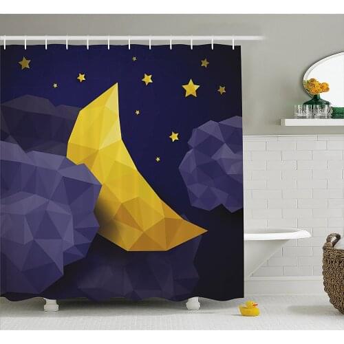 Geometric Shower Curtain Triangle Effect Graphic Night Sky New Moon Stars and Clouds Image Bathroom Waterproof Curtains