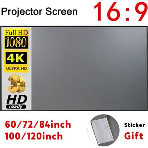 H60 60”/72''/84''/100''/120''Portable Projector Screen HD 16:9 White Dacron Diagonal Projection Screen Foldable Wall Mounted