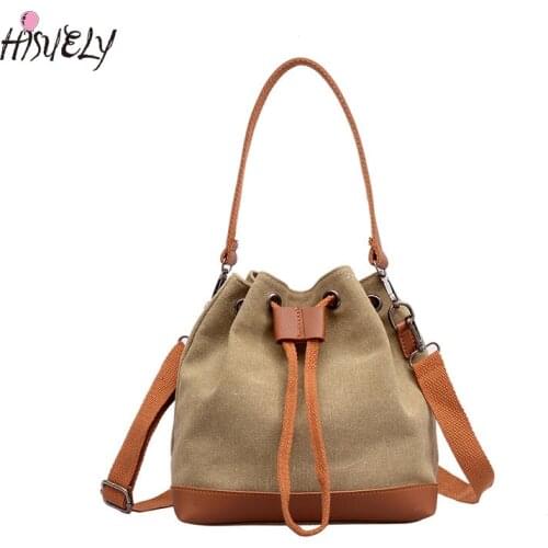 HISUELY 2021 Hot Sale New Women Canvas Handbags Fashion Drawstring Green Bucket Shoulder Bags Messenger Bag Contrast Color BG548