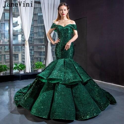 JaneVini Luxury Arabic Mermaid Long Evening Dresses 2019 Off the Shoulder Sparkle Sequined Backless Sexy Dark Green Party Dress