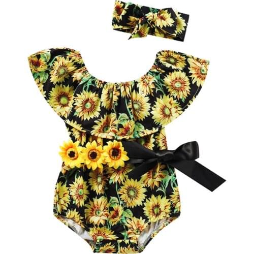 Newborn Girls Summer Dress Sleeveless Romper+Hairband 2 Pieces Set Full Sunflower Printed Infant Baby Toddlers Jumpsuit