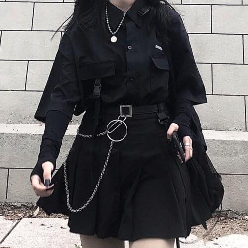 Summer Korean Harajuku Dark Black Shirts Skirts Pleated Loose BF Shirt Tops Womens JK Fashion Two Piece Set Streetwear Gothic