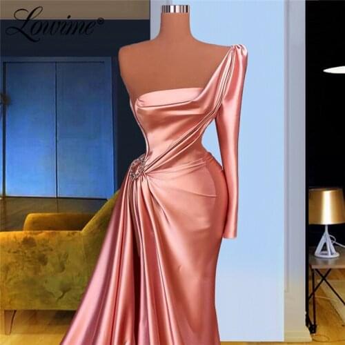 Lowime Pink One Shoulder Party Dresses Mermaid Evening Gowns Satin Robes Abendkleider 2021 Dubai Celebrity Dresses Prom Gowns