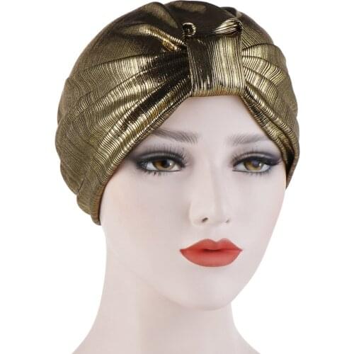 Metal Color Muslim Turban Women Fashion Headwrap Chemotherapy Cap