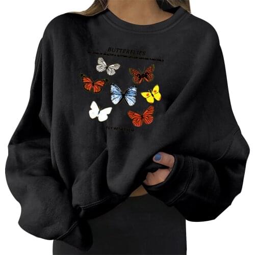Fashion Womens Casual Long Sleeve Butterfly Print Ladies Sweatshirts Tops