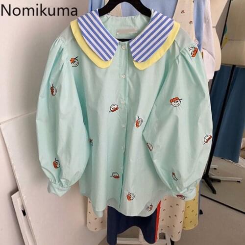 Nomikuma Korean Cartoon Printed Blouse Tops Sweet Hit Color Stripe Peter Pan Collar Shirt 2021 New Puff Sleeve Blusas 6G767