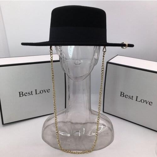 New arrival black wool hat for women and men with chains brim 7cm free shipping fedoras