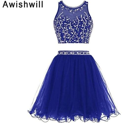 New Arrival Short Graduation Party Dress Beaded Tulle Two Pieces Homecoming Dresses for Juniors Short Prom Dress Keyhole Back