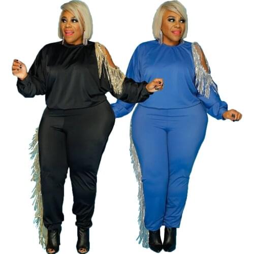 New Classic Plus Size Two-piece Set Of African Clothing With Sequins And Tassels For Womens Long Sleeves + Casual Pencil Pants