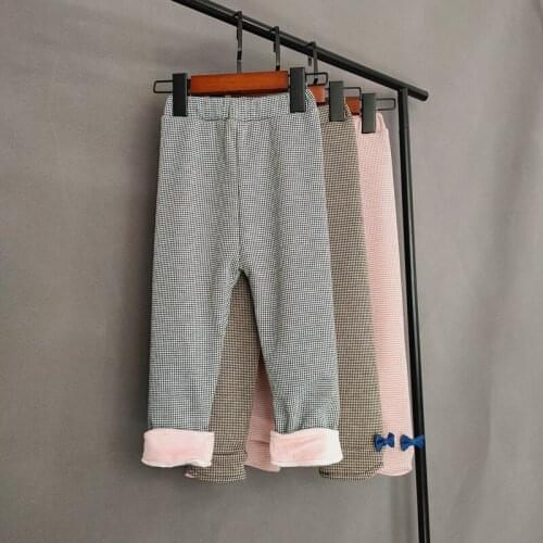 Autumn Winter Kids Thick Warm Pants Sweet Houndstooth Baby Girls High Waist Plus Velvet Bow Trousers Children Clothing