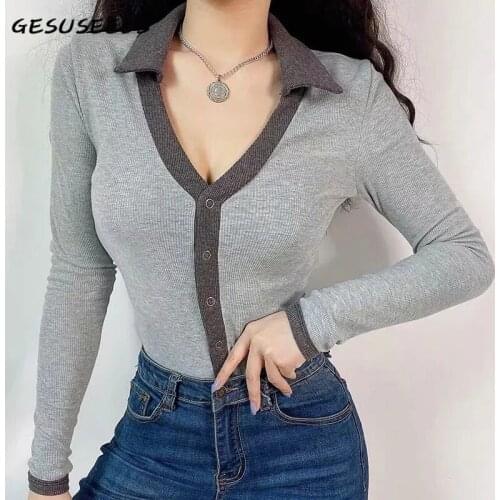 Autumn bodysuit women sexy romper long sleeve knitted bodysuit bodycon turn down collar overalls women black bodysuit buttons