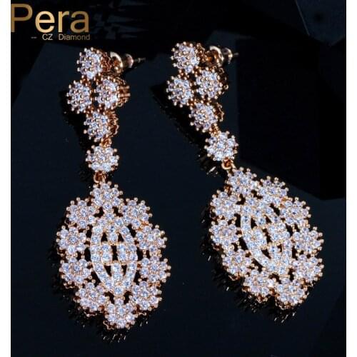 Pera Elegant African Women Yellow Gold Color Big Dangle Flower Long Drop AAA+ Cubic Zirconia Earring For Prom Party Jewelry E191