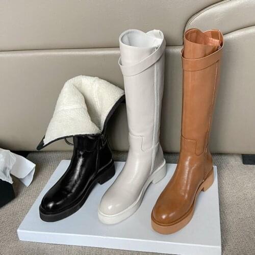 2021 Warm Winter Women Boots Genuine Leather Zipper Knee High Boots Fashion Buckle Round Toe Knight Boots Comfort Low Heel Shoes