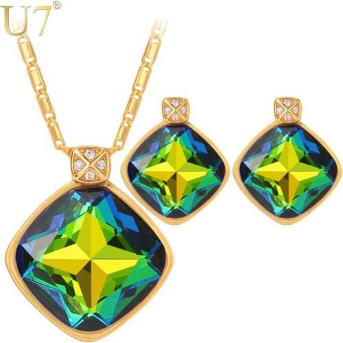 U7 Green Crystal Earrings And Charm Necklace Set For Women Gold Color Luxury Square Rhinestone Engagement Jewelry Sets S1001
