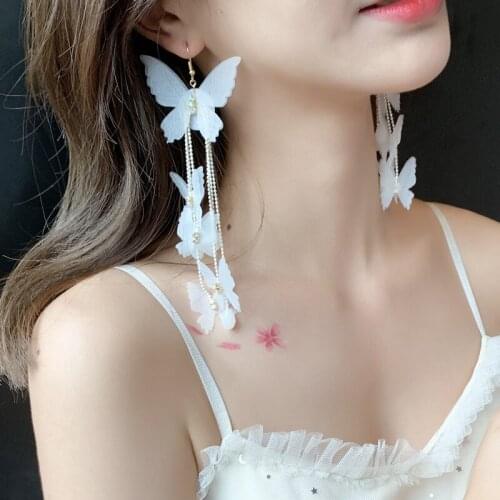 Aesthetic Exaggerated Long White Butterfly Earrings For Women Cute Tassel Earrings Accessories Boho Jewelry Fashion Gift Friends