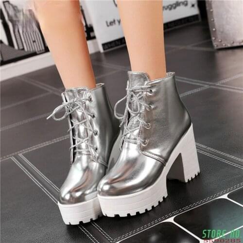 2021 autumn ankle boots for women silver patent leather shoes woman high heels platform boots large size botines mujer