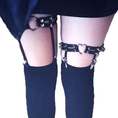 Goth Thigh High stockings Garter Belt Punk Metal Heart Ring Rivet Leg Suspenders Sexy Leg Harness women Elastic Body Bondage
