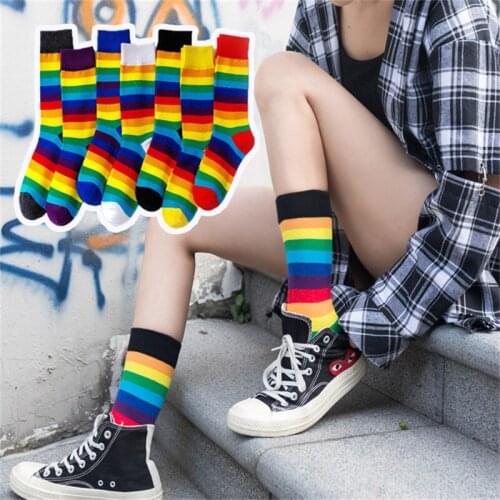 Cotton Elasticity Sweat Womens Long Socks Luxury Candy Color Rainbow Striped Sporty Meias Casual Retro Harajuku Socks Girls Boy