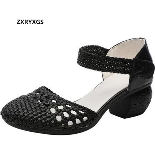 2021 New Summer Hollow High Quality Cowhide Weaving Sandals Breathable Shoes Women Sandals Round Toe Thick Heel Trend Sandals