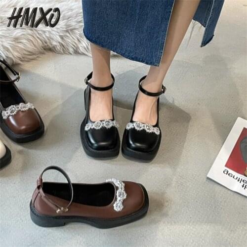 HMXO Rhinestone Casual Retro Soft Sole Square Head Leather Shoes Mid-heel Shallow Mouth Flat Buckle Mary Jane Single Women Shoes