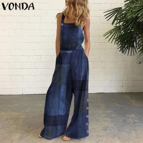 VONDA Jumpsuits Women Rompers Sexy Sleeveless Full Length Wide Leg Overalls Summer Pockets Vintage Patchwork Cotton Playsuits