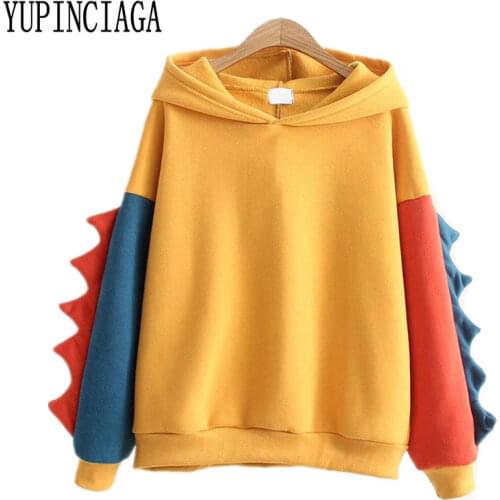 YUPINCIAGA Womens Patchwork Hooded Cute Dinosaur Hit Color Loose Pullover Warm Harajuku Long Sleeve Hoodies With Horns
