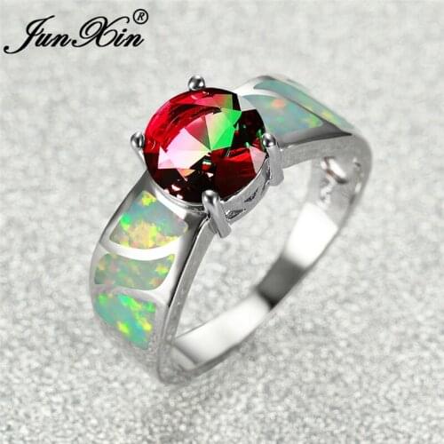 Mystic Fire Crystal Round Ring White Fire Opal Rings For Women Red Green Blue Zircon Stone Wedding Bands Engagement Ring Jewelry