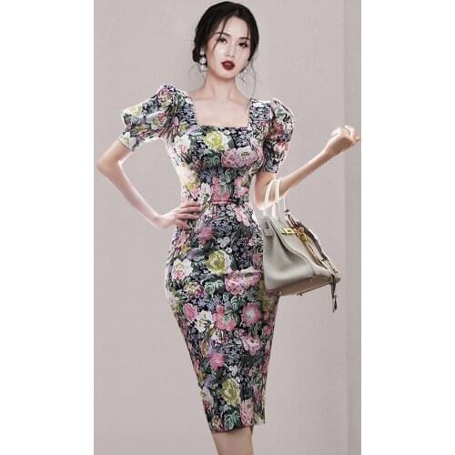 Women Summer Flower Print Pencil Dress Bandage Puff Sleeve Waist Slim Hip Office Work Wear Dress