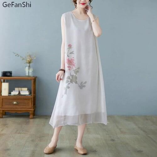 New Summer Womens Dress Vintage Print O-Neck Beach Dress Casual Loose Sleeveless Dress 2 Pieces Elegant Office Ladies Dresses