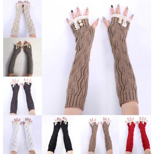 1pair Fashion Ladies Winter Arm Warmer Fingerless Gloves Lace Button Knitted Long Warm Gloves Mittens For Women AUG889