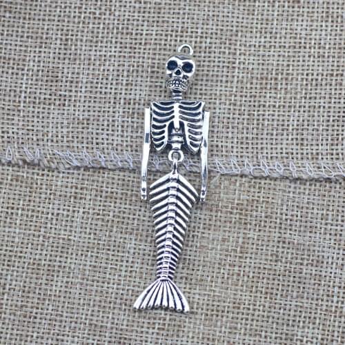 Newest 2Pieces 18*75mm Mixed Alloy Antique Silver Color Skeleton Mermaid Charms Bracelet Pendant Necklace For DIY Jewelry Making