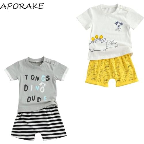 2021 0-24M Baby Boy Clothing Short Sleeves Letter Horizontal T-shirt+Stripe/Dinosaur Printing Shorts Casual Style Summer 2pcs