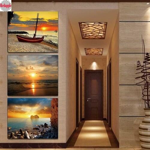 3pcs diamond painting cross stitch full square Beach Seascape Painting Sea Boat Sunset rhinestone diamond mosaic wall painting
