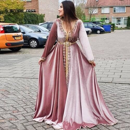 Bbonlinedress Moroccan Kaftan Evening Dresses Appliques Beaded Long Evening Dress Full Sleeve Arabic Muslim Party-Dress
