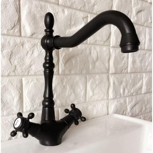 Black Oil Rubbed Brass Dual Cross Handles One Hole Bathroom Kitchen Basin Sink Faucet Mixer Tap Swivel Spout Deck Mounted mnf383