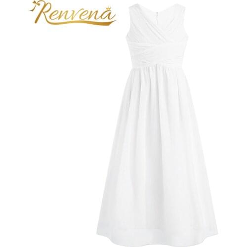 Girls Pleated Dress V Neck Chiffon Bridesmaid Vestidos De Festa Juniors Girls Long Dress Wedding Party Flower Girl Clothes