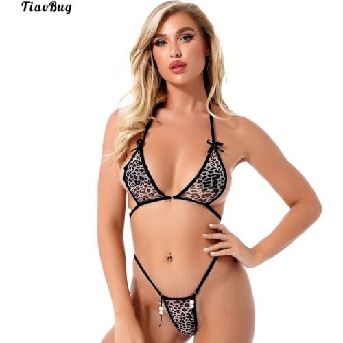 TiaoBug Summer Women See-Through Mesh Bikini Set Underwear Swimwear Halter Lace-Up Unlined Bra Top With T-Back Thongs Swimsuit