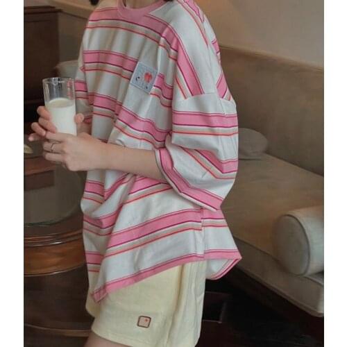 Fashion Kawaii Striped T Shirt Girls Clothes Pink Gothic Loose Funny Tees Girls Korean Oversize High Street T Shirt Females