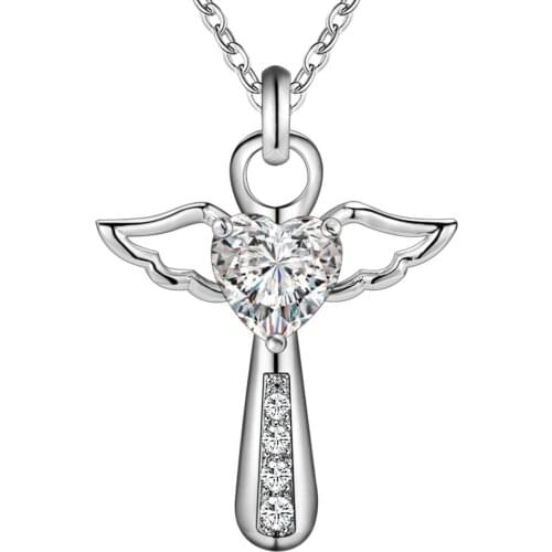Genuine 925 Sterling Silver Jesus Cross Necklace Fine Jewelry Double Angel Wings Heart Zirconia Pendant Necklace Holiday Sale