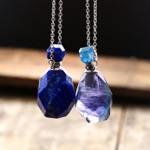 Natural Gems Stone Essential Oil Diffuser Quartz Perfume Bottle Pendants Lapis Lazuli Pointed Charm Necklace