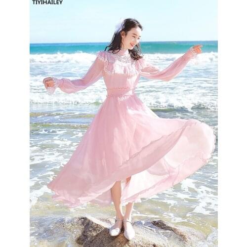 TIYIHAILEY Free Shipping Boshow Autumn Spring High Waist Long Maxi Lantern Sleeve S-L Chiffon Ruffles Pink Lace Dress O Neck