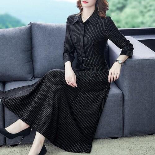 High-end Temperament Long Sleeve Dress Womens Spring Autumn New Plus Size 4XL Black Striped Ladies Dress Mother Clothes aq1172