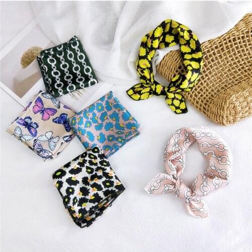 50*50cm Bandana Butterfly Floral Print Round Chain Stripes Square Scarf Head-Neck Satin Silk Scarf Hair Tie Band Handkerchief