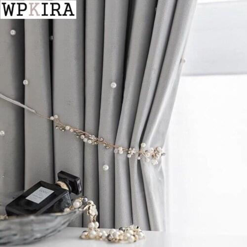 American Luxury Pearls Velvet Grey Curtain for Living Room Solid Drape Blackout Bedroom Window Hotel Fabric Custom