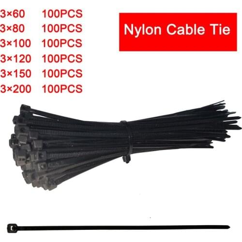 Self-Locking 100 PCS Black 3X200 Fastening Ring 3X60 Cable Tie Wraps Strap Nylon Zip Tie Set