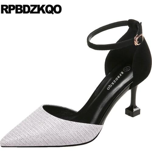 Silver Glitter Pumps Scarpin High Heels Pink Pointed Toe Female Shoes Ankle Strap Stiletto 2021 Sandals Summer 3 Inch Ladies