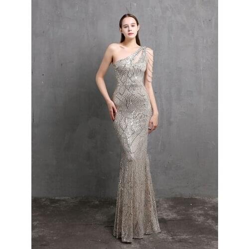 Partysix New 2021 Beads Party Women Dress Elegant One Shoulder Gold Long Sequin Evening Dress