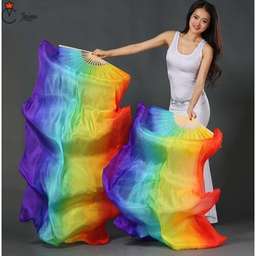 High quality 100% silk veils dance fans belly dance fans bamboo ribs long Stage Performance Property props 1 pair(2 pieces)
