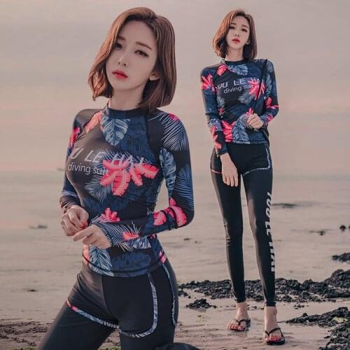 3 pcs Printing Rash Guards Women Swimwear Long Sleeve Swimsuit for Female Surfing Snorkelling Swimming Suit T-Shirt Pants Shorts